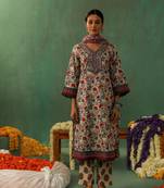 Beige floral printed cotton straight suit kurta pant with dupatta set