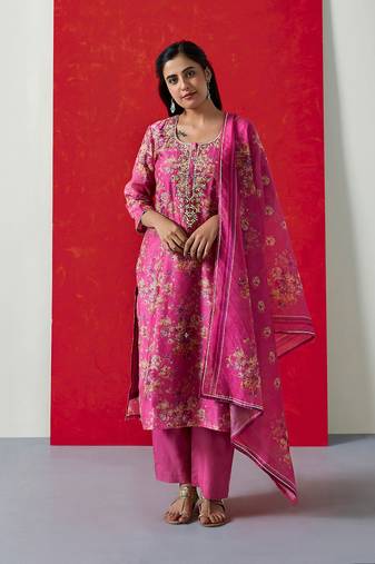 Pink straight fit suit kurta pant with dupatta set