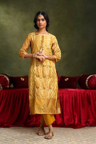 Floral mustard chanderi suit set 