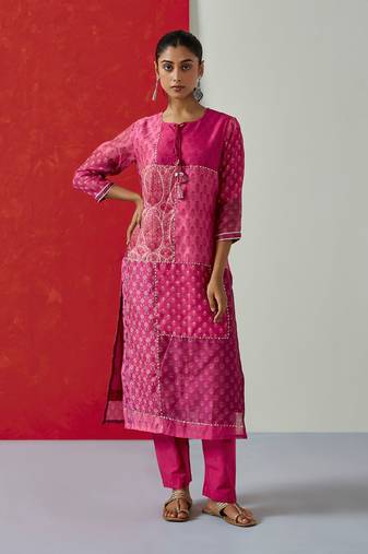 Dark pink digital printed chanderi suit kurta pant with dupatta set
