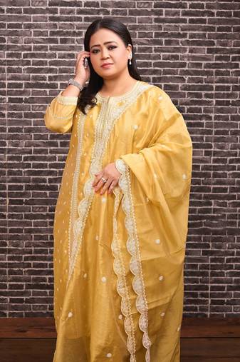 yellow cotton embroidered kurta pant with dupatta set