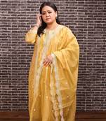 yellow cotton embroidered kurta pant with dupatta set