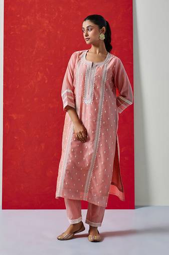 pink cotton embroidered kurta pant with dupatta
