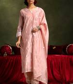 Pastel pink straight fit chanderi kurta set with scalloped dupatta