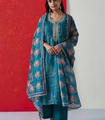 Blue straight fit chanderi suit set 