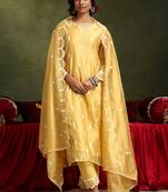 Yellow straight fit chanderi kurta set 