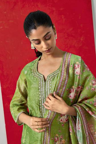 Green straight fit chanderi suit set 