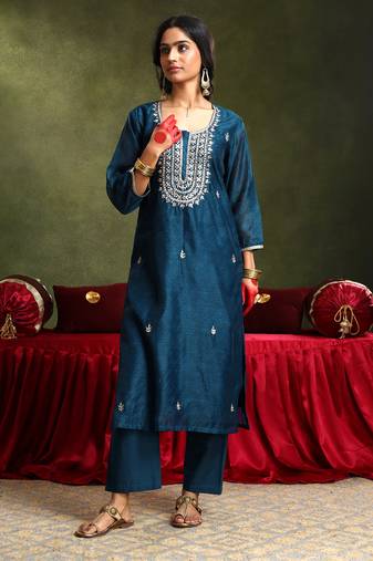 Navy blue straight fit chanderi suit set