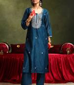 Navy blue straight fit chanderi suit set
