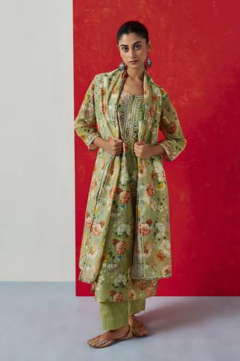 Pastel green digital printed chanderi suit  kurta pant with dupatta set