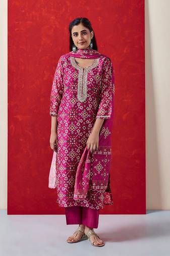Pink chanderi suit kurta pant with dupatta set