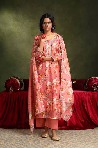 Pastel  pink chanderi suit kurta pant with dupatta set 