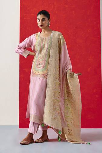 light pink cotton silk with banarasi border kurta pant with dupatta set 