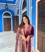 Wine velvet embroidered suit set 