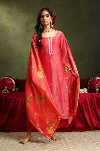 Red straight fit tissue suit kurta pant  with dupatta set