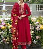 Red embroidery print and secquins vichitra silk anarakli pant full stitched suit