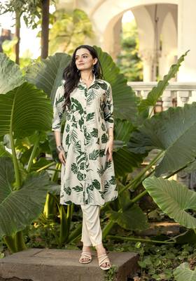 Floral Printed Shirt Collar A-Line Kurta With Trouser 1