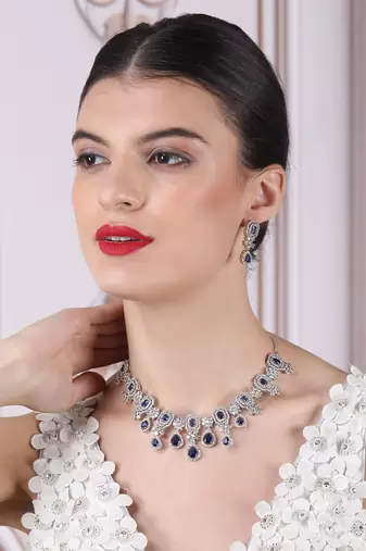Elegant silver-plated american diamond jewelry set for women     necklace & earrings blue color