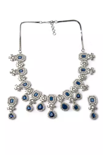 Elegant silver-plated american diamond jewelry set for women     necklace & earrings blue color