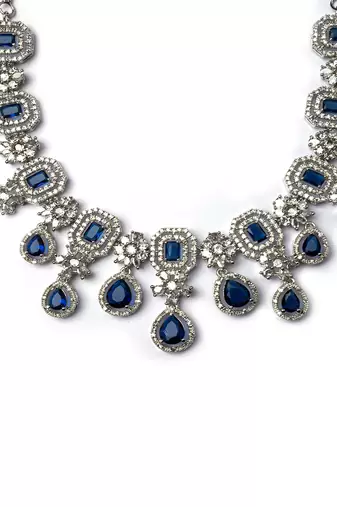 Elegant silver-plated american diamond jewelry set for women     necklace & earrings blue color