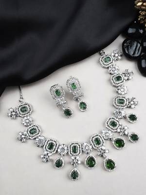 Elegant silver-plated american diamond jewelry set for women – necklace & earrings green color 1