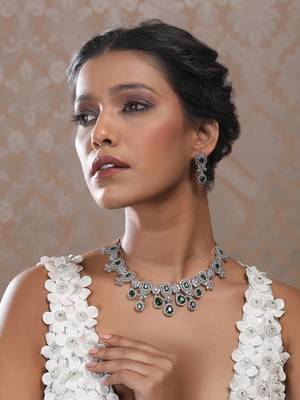 Elegant silver-plated american diamond jewelry set for women – necklace & earrings green color 2