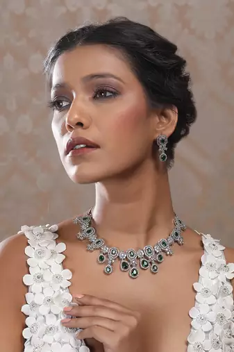 Elegant silver-plated american diamond jewelry set for women – necklace & earrings green color