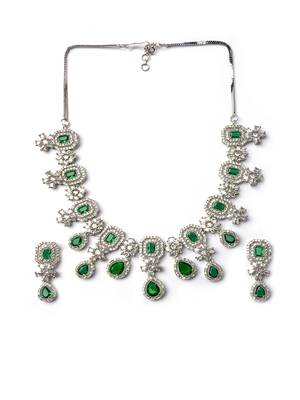 Elegant silver-plated american diamond jewelry set for women – necklace & earrings green color 3