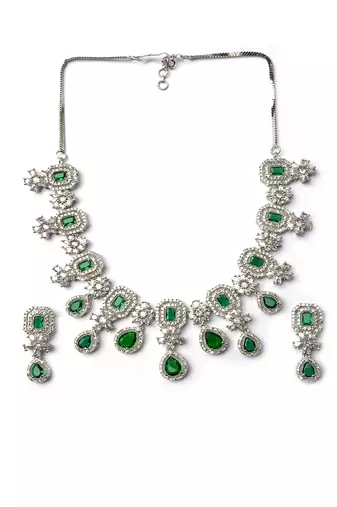 Elegant silver-plated american diamond jewelry set for women – necklace & earrings green color