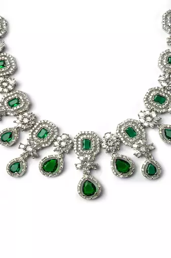 Elegant silver-plated american diamond jewelry set for women – necklace & earrings green color