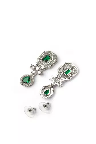 Elegant silver-plated american diamond jewelry set for women – necklace & earrings green color