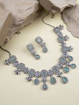 Elegant silver-plated american diamond jewelry set for women – necklace & earrings turquoise color 1