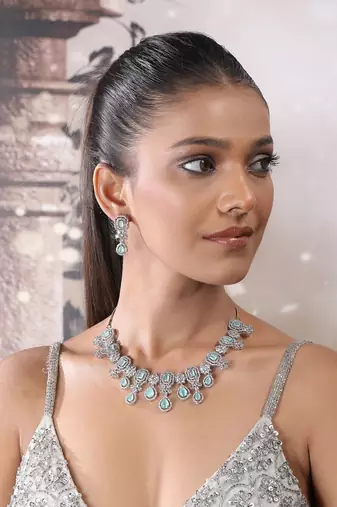 Elegant silver-plated american diamond jewelry set for women – necklace & earrings turquoise color