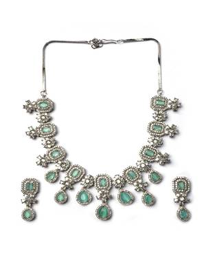 Elegant silver-plated american diamond jewelry set for women – necklace & earrings turquoise color 3