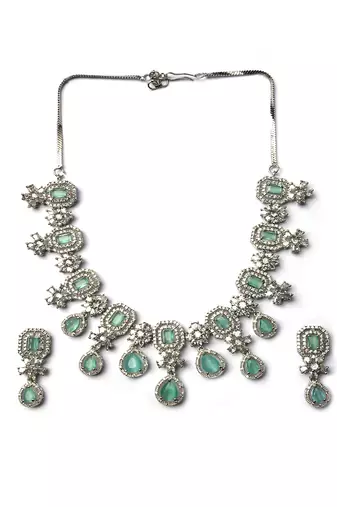 Elegant silver-plated american diamond jewelry set for women – necklace & earrings turquoise color