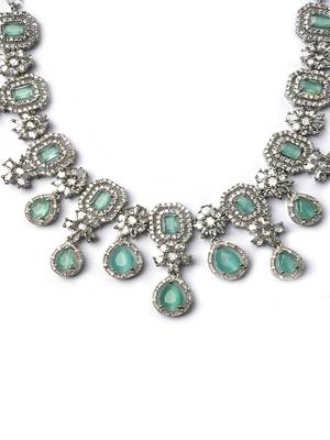 Elegant silver-plated american diamond jewelry set for women – necklace & earrings turquoise color 4