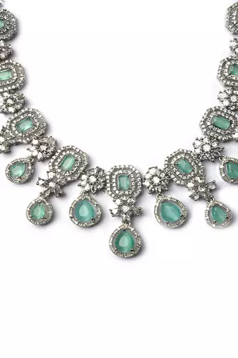 Elegant silver-plated american diamond jewelry set for women – necklace & earrings turquoise color