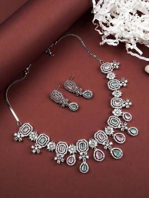 Elegant silver-plated american diamond jewelry set for women – necklace & earrings multicolor 1