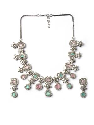 Elegant silver-plated american diamond jewelry set for women – necklace & earrings multicolor 3