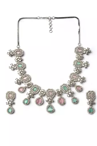 Elegant silver-plated american diamond jewelry set for women – necklace & earrings multicolor