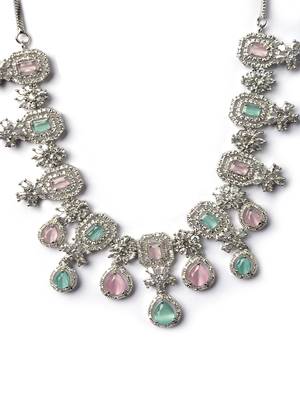 Elegant silver-plated american diamond jewelry set for women – necklace & earrings multicolor 4