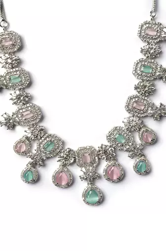 Elegant silver-plated american diamond jewelry set for women – necklace & earrings multicolor