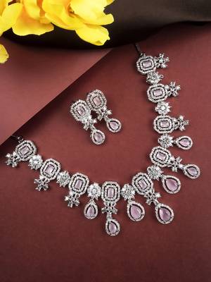 Elegant silver-plated american diamond jewelry set for women – necklace & earrings pink color 1