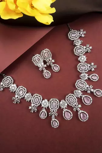 Elegant silver-plated american diamond jewelry set for women – necklace & earrings pink color