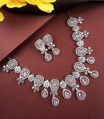Buy Elegant silver-plated american diamond jewelry set for women – necklace & earrings pink color