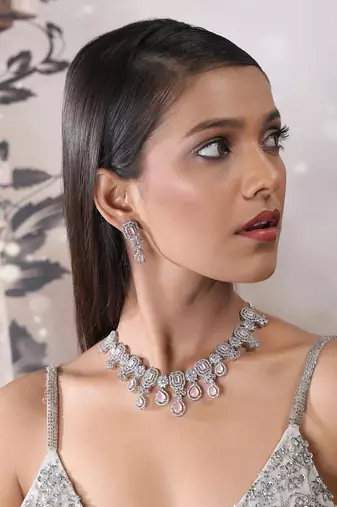 Elegant silver-plated american diamond jewelry set for women – necklace & earrings pink color