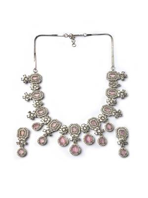 Elegant silver-plated american diamond jewelry set for women – necklace & earrings pink color 3