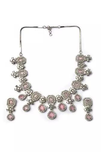 Elegant silver-plated american diamond jewelry set for women – necklace & earrings pink color