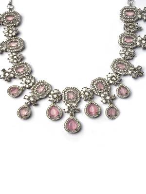 Elegant silver-plated american diamond jewelry set for women – necklace & earrings pink color 4