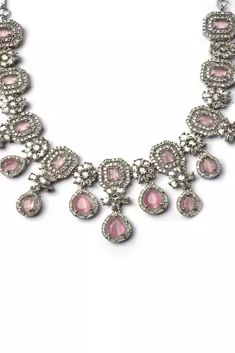 Elegant silver-plated american diamond jewelry set for women – necklace & earrings pink color